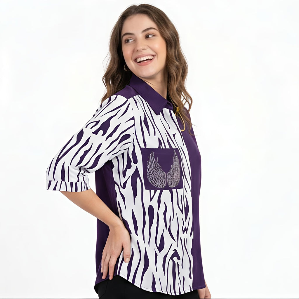 Women's Purple Printed Casual Shirt Top-3
