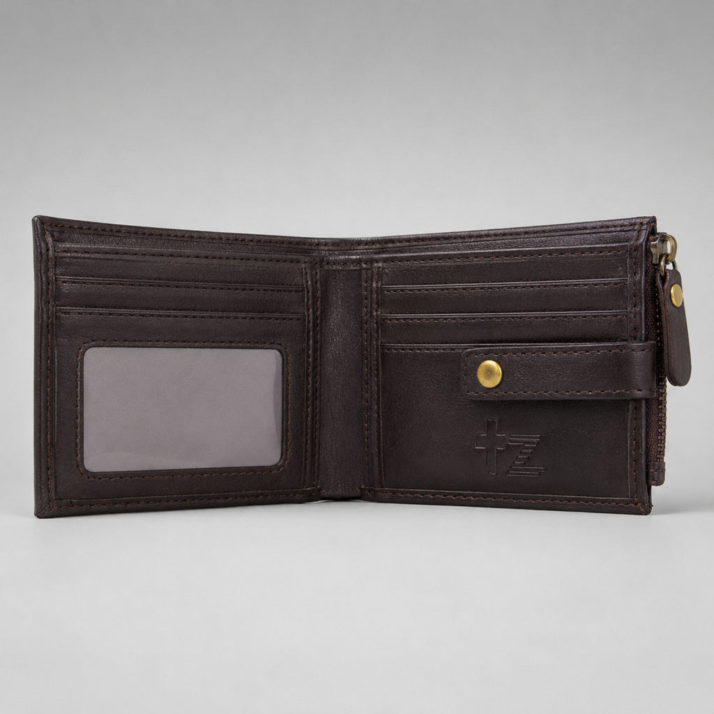 Men's Luxury Coffee Brown Leather Bi-fold Wallet with Snap Button and Zipper Pocket-2