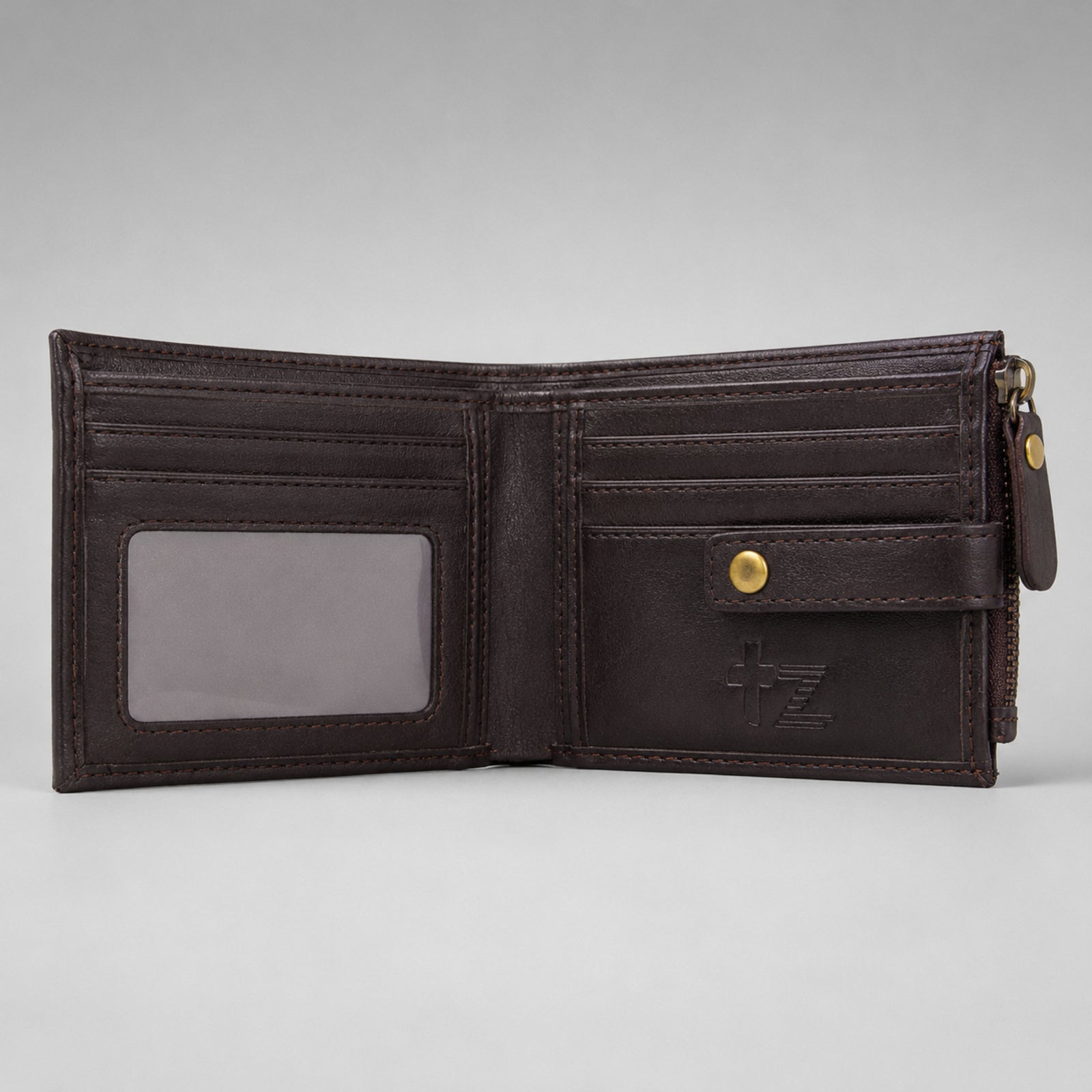 Men's Luxury Coffee Brown Leather Bi-fold Wallet with Snap Button and Zipper Pocket-2
