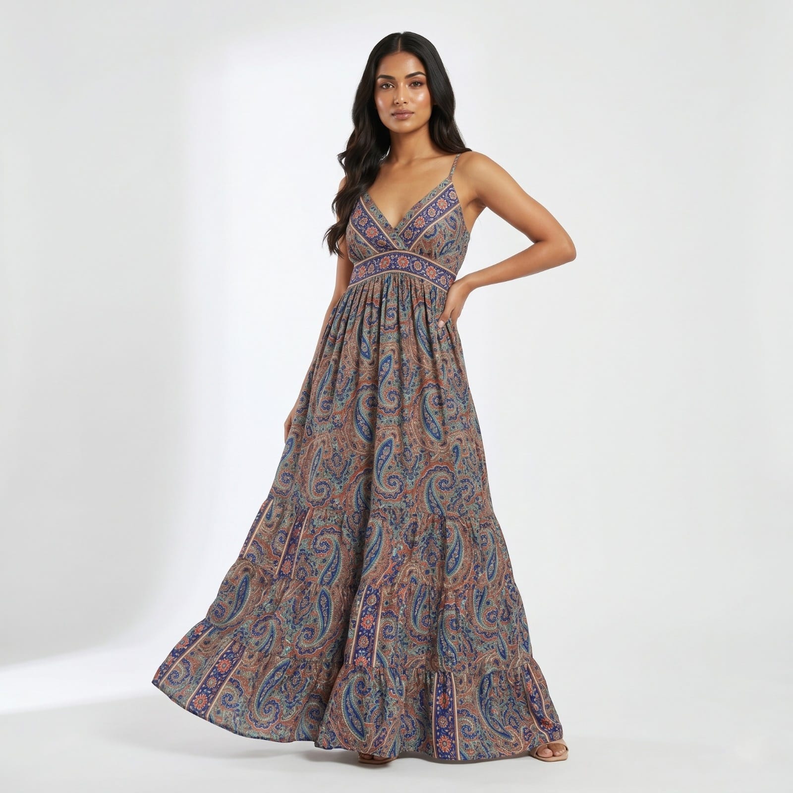 Women's Paisley Print Flared Maxi Dress-1