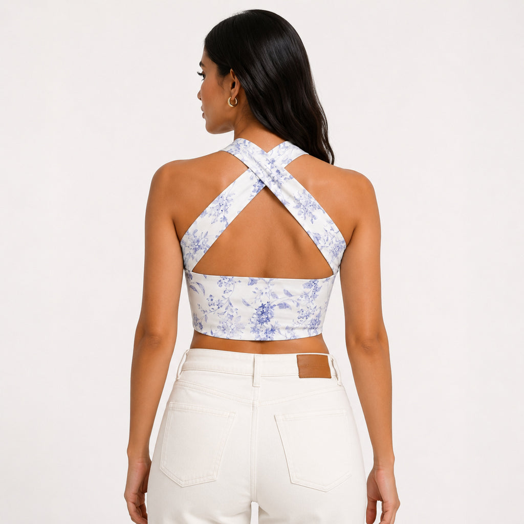 Women's Lavender Floral Printed Sleeveless Criss-Cross Halter Neck Crop Top for Party and Casual Wear-2
