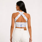 Women's Lavender Floral Printed Sleeveless Criss-Cross Halter Neck Crop Top for Party and Casual Wear-2