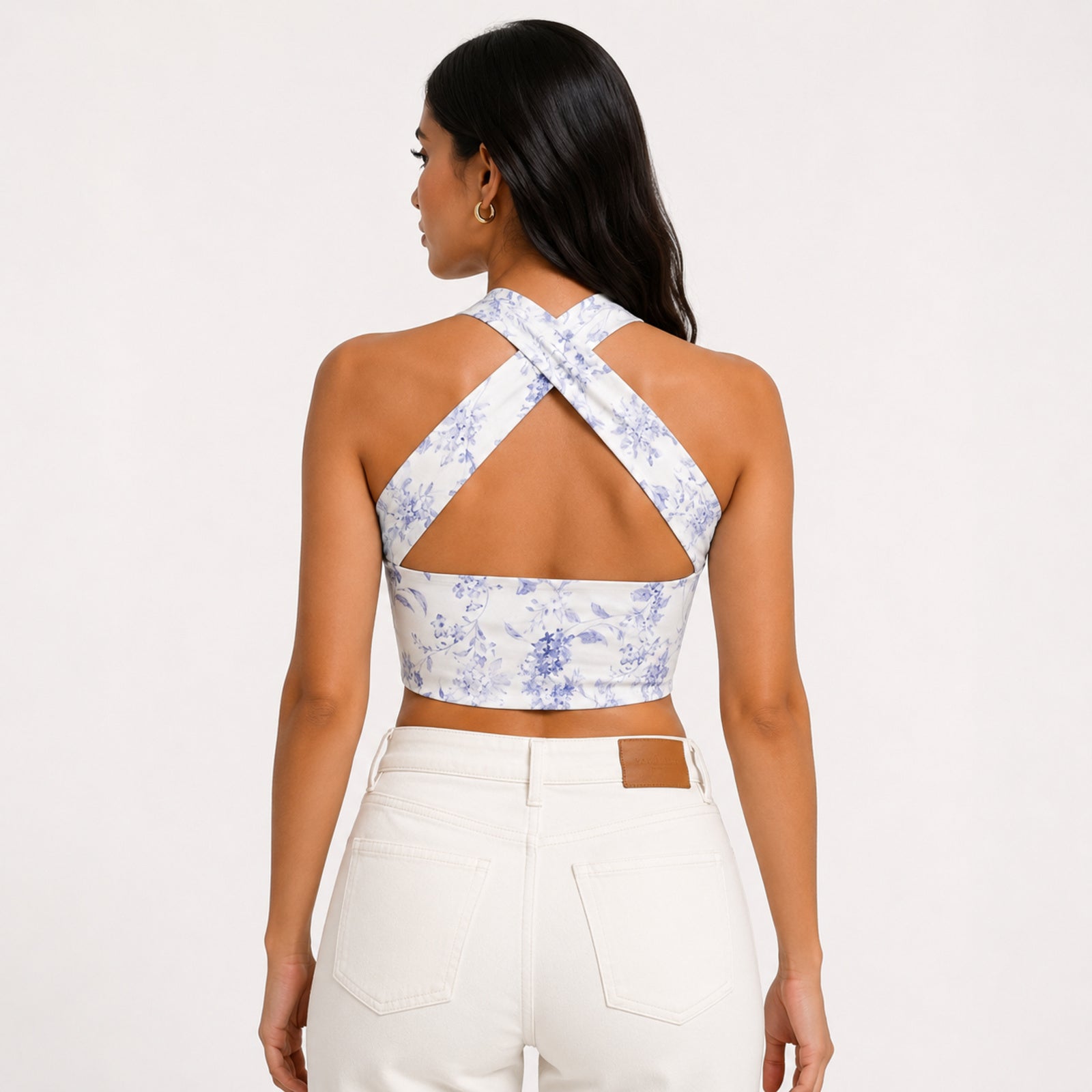 Women's Lavender Floral Printed Sleeveless Criss-Cross Halter Neck Crop Top for Party and Casual Wear-2