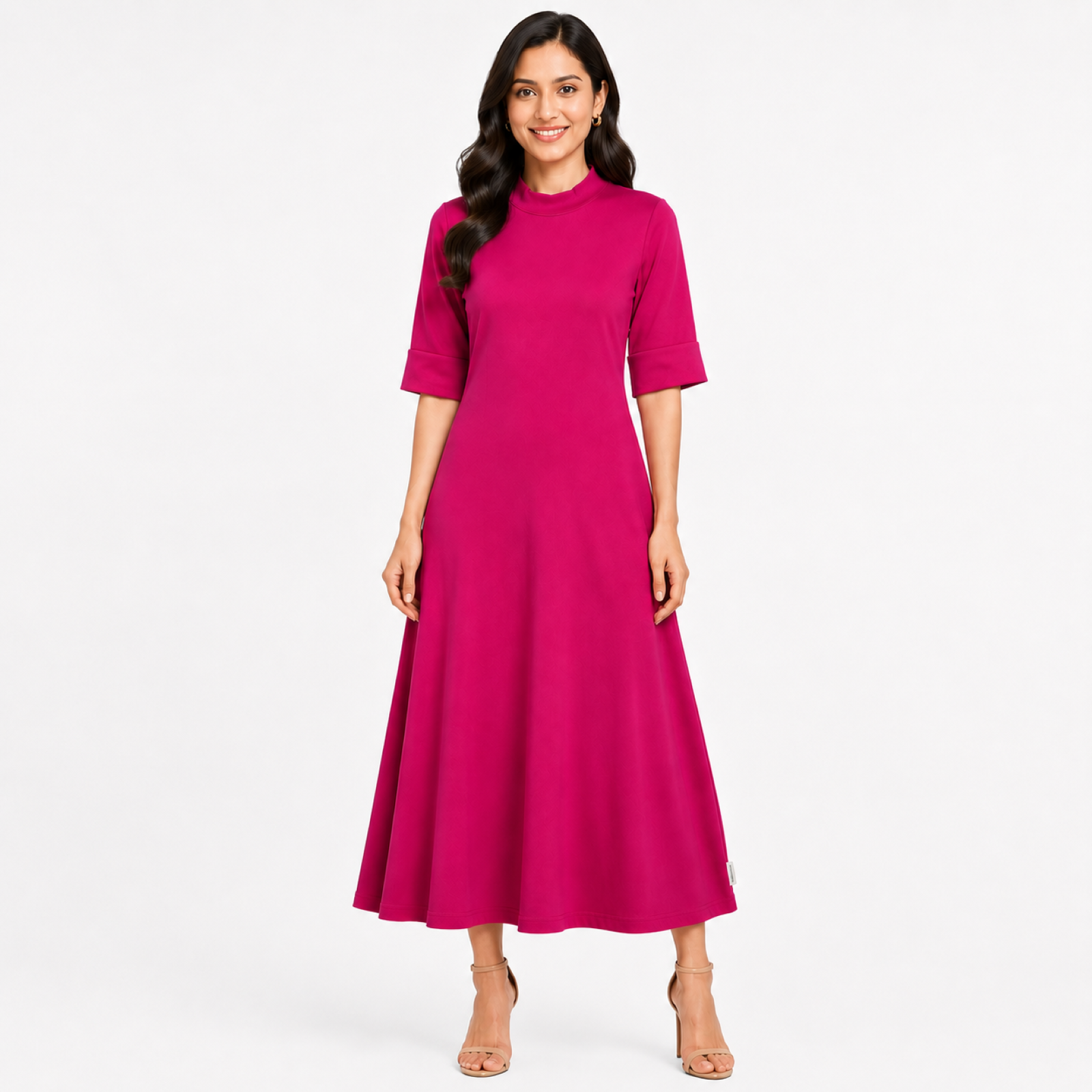 Women's Pink Solid High Neck Three-Quarter Sleeve Maxi Dress-3