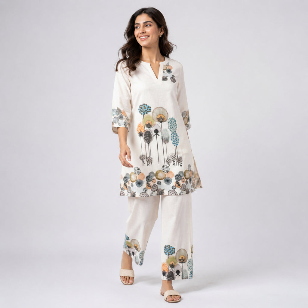Women's Beige Printed Kurta Pant Co-Ord Set-1
