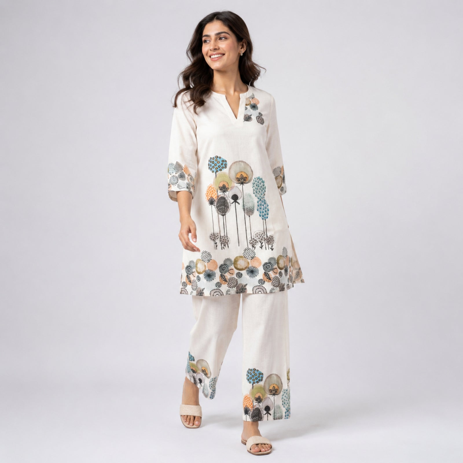 Women's Beige Printed Kurta Pant Co-Ord Set-1