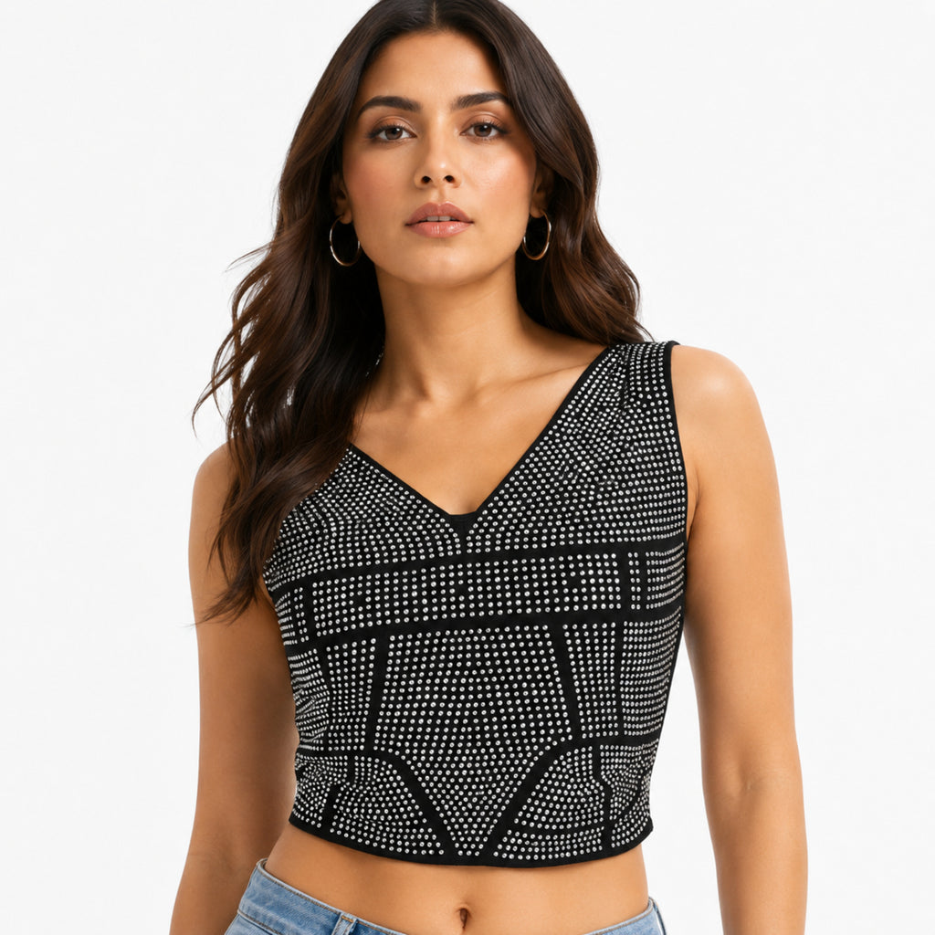 Women's Black Studded V-Neck Cropped Bustier Top | Glam Party Wear Top-3