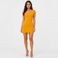 Women's Mustard Asymmetric Neck One-Shoulder Mini Dress | Solid Fitted Party Dress-1