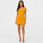 Women's Mustard Asymmetric Neck One-Shoulder Mini Dress | Solid Fitted Party Dress-1