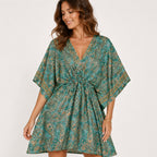 Women's Green Paisley Drawstring Kaftan Mini Dress | Boho Resort Wear Dress-3
