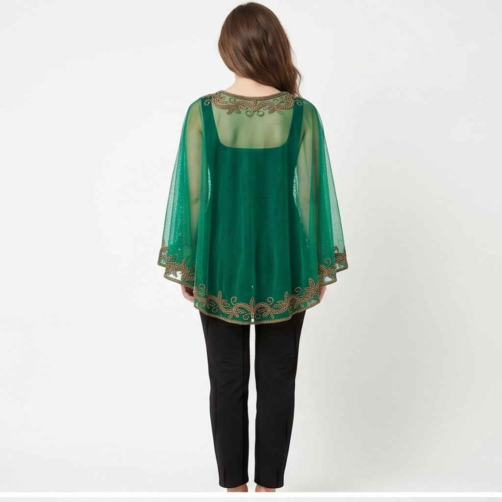 Women's Elegant Hand-Embroidered Green Sheer Cape Overlay Top with Trousers Set-4