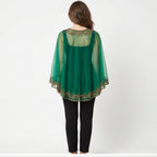 Women's Elegant Hand-Embroidered Green Sheer Cape Overlay Top with Trousers Set-4