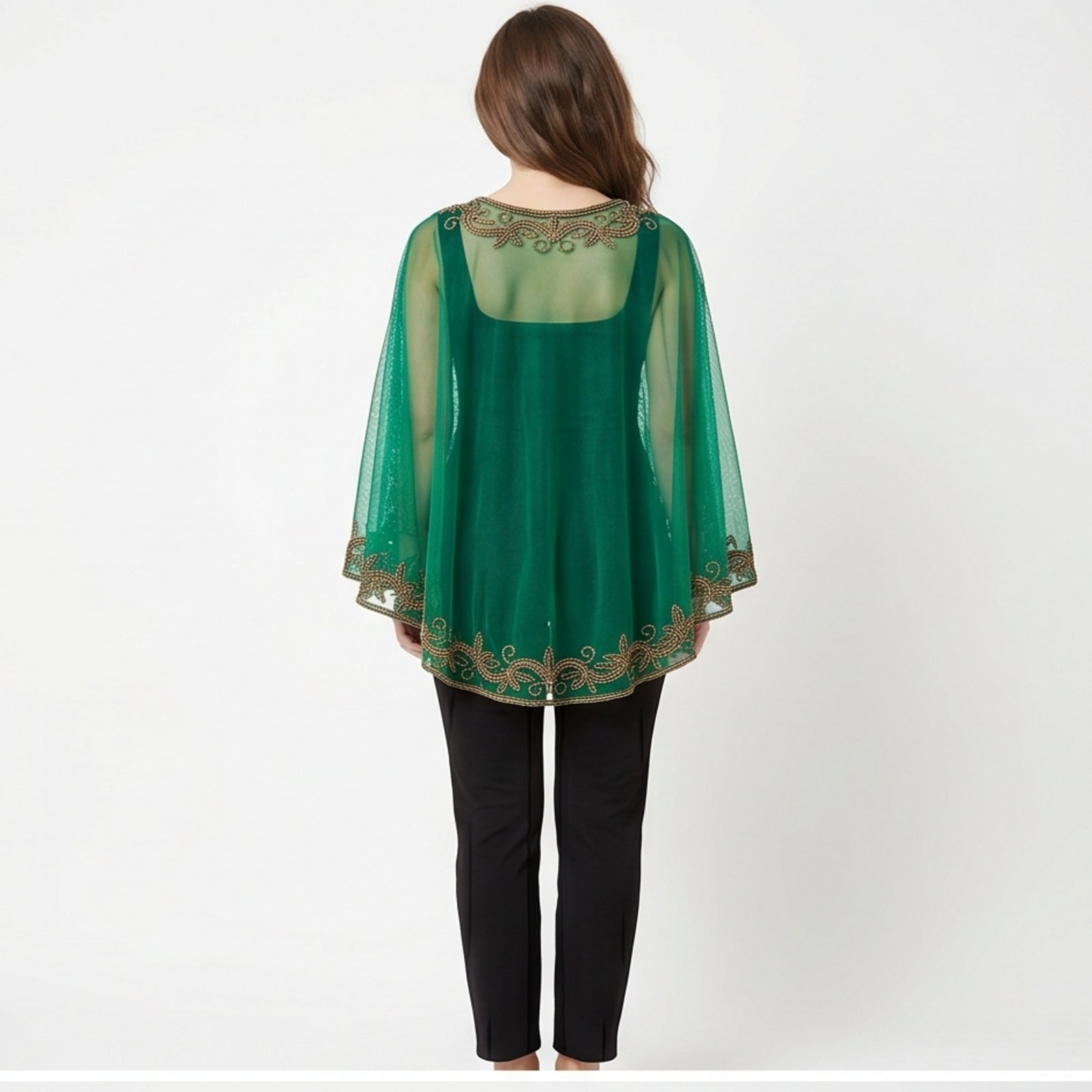 Women's Elegant Hand-Embroidered Green Sheer Cape Overlay Top with Trousers Set-4