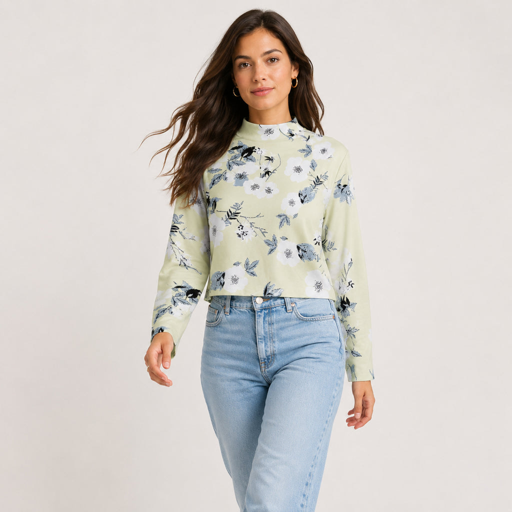 Women's Meadow Muse Yellow Floral Mock Neck Crop Top-1