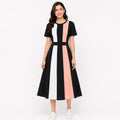 Women's Peach Color Block Fit & Flare Midi Dress-2