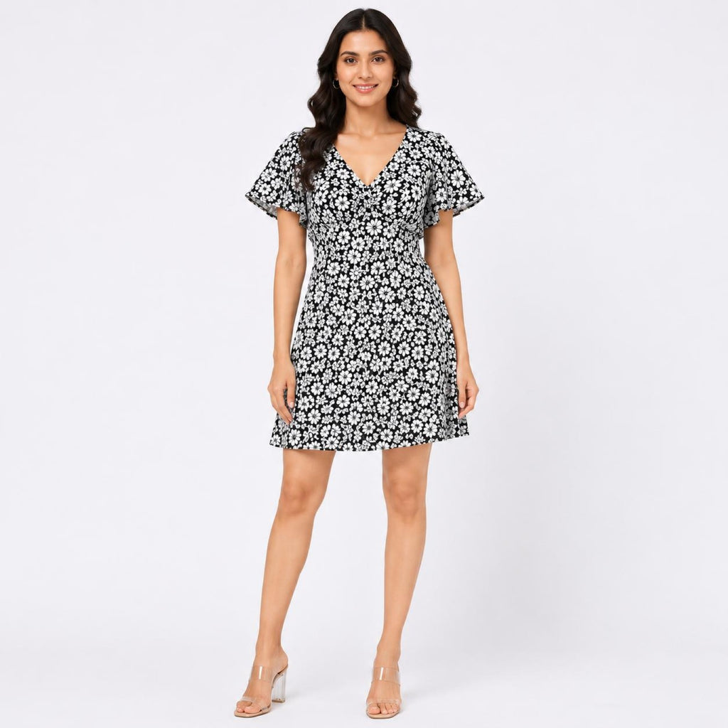 Women's Black Floral Print V-Neck Fit & Flare Mini Dress-1