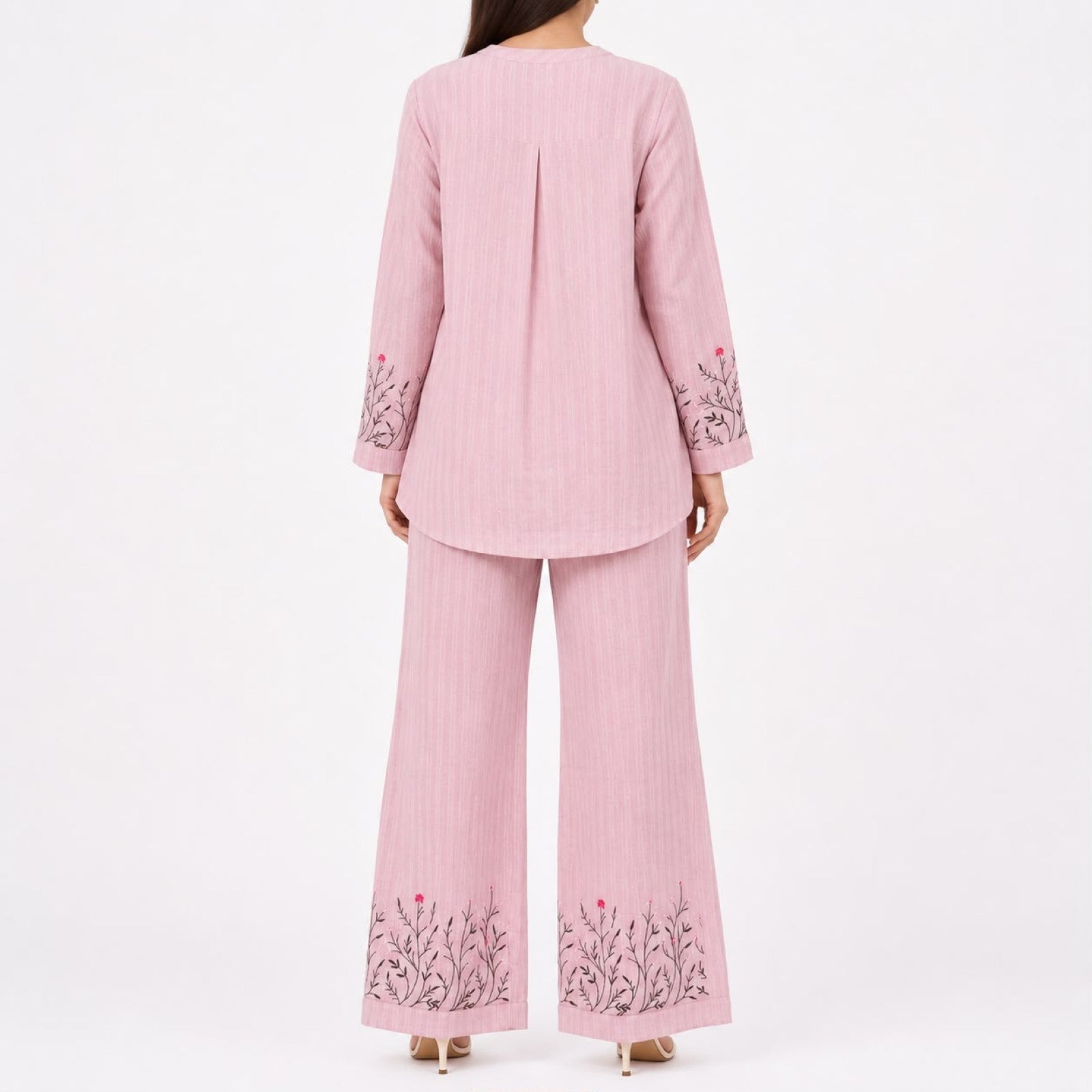 Women's Embroidered Kurta Pant Co-Ord Set | Elegant Straight Fit Ethnic Wear Set with Wide Leg Pants – Pink-4