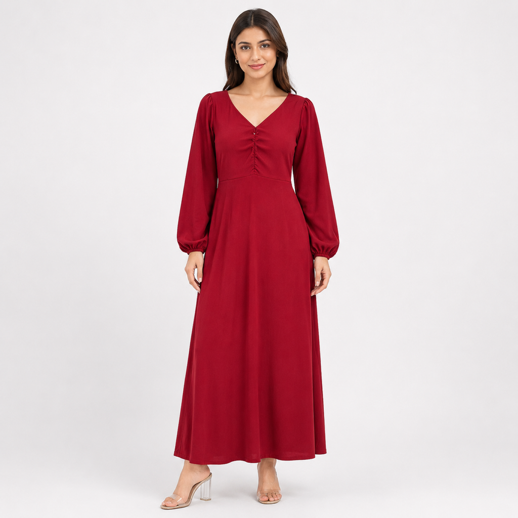 Women's Maroon Solid V-Neck Gathered Front Maxi Dress with Full Puff Sleeves-4