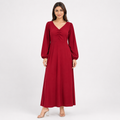 Women's Maroon Solid V-Neck Gathered Front Maxi Dress with Full Puff Sleeves-4