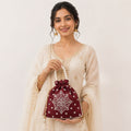 Women's Maroon Embroidered Potli Bag with Pearl Handle-1