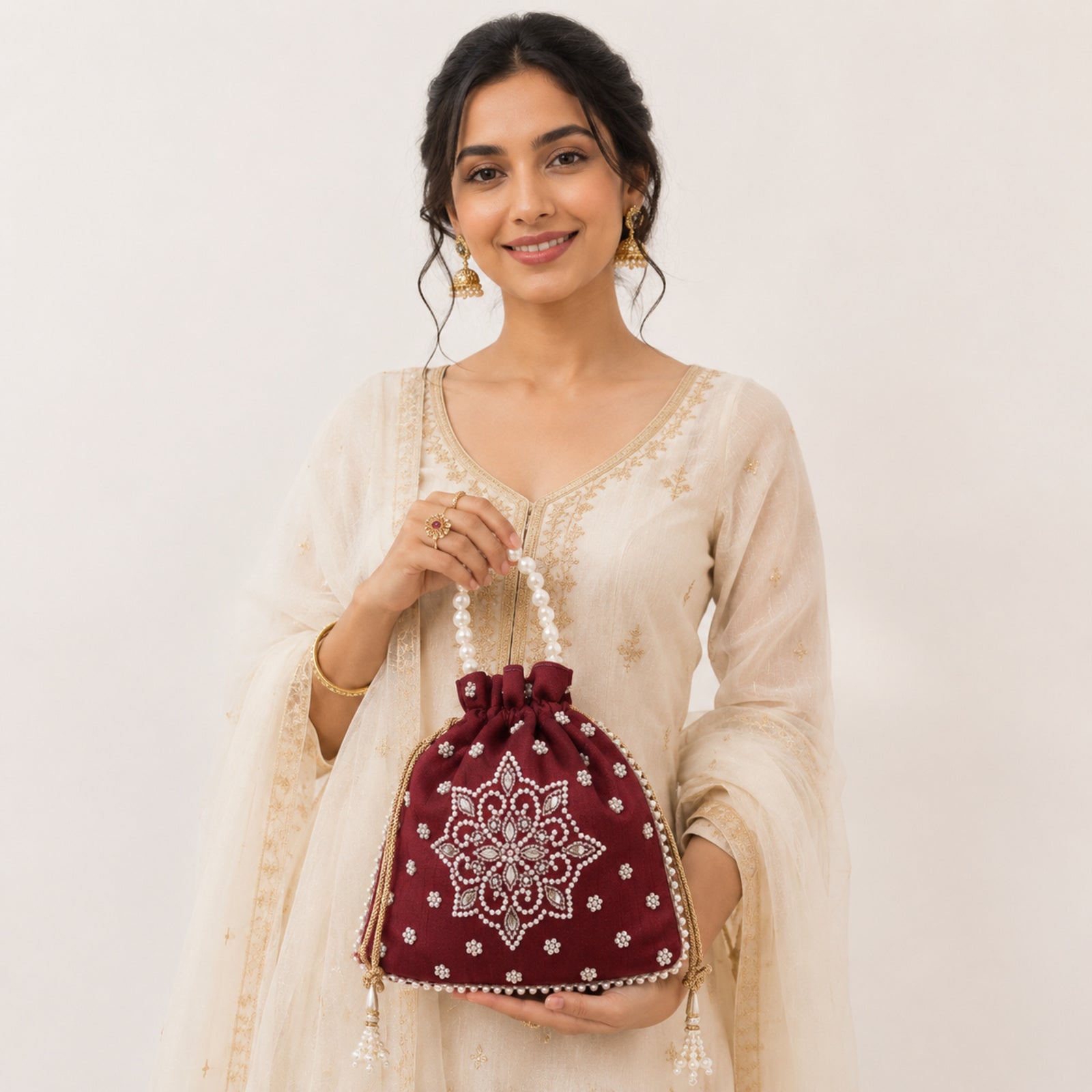 Women's Maroon Embroidered Potli Bag with Pearl Handle-1