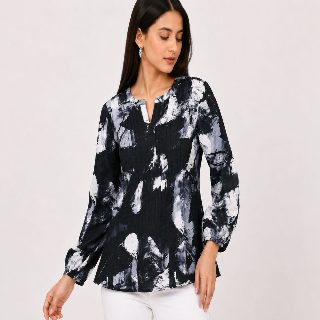 Women's Black Abstract Print Long Sleeve Top-1