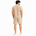 Men's Beige Monogram Textured Cuban Collar Shirt and Shorts Co-ord Set-1