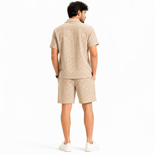 Men's Beige Monogram Textured Cuban Collar Shirt and Shorts Co-ord Set-1