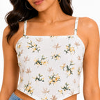 Women's Cream Floral Printed Sleeveless Spaghetti Strap Handkerchief Hem Crop Top for Casual Wear-3