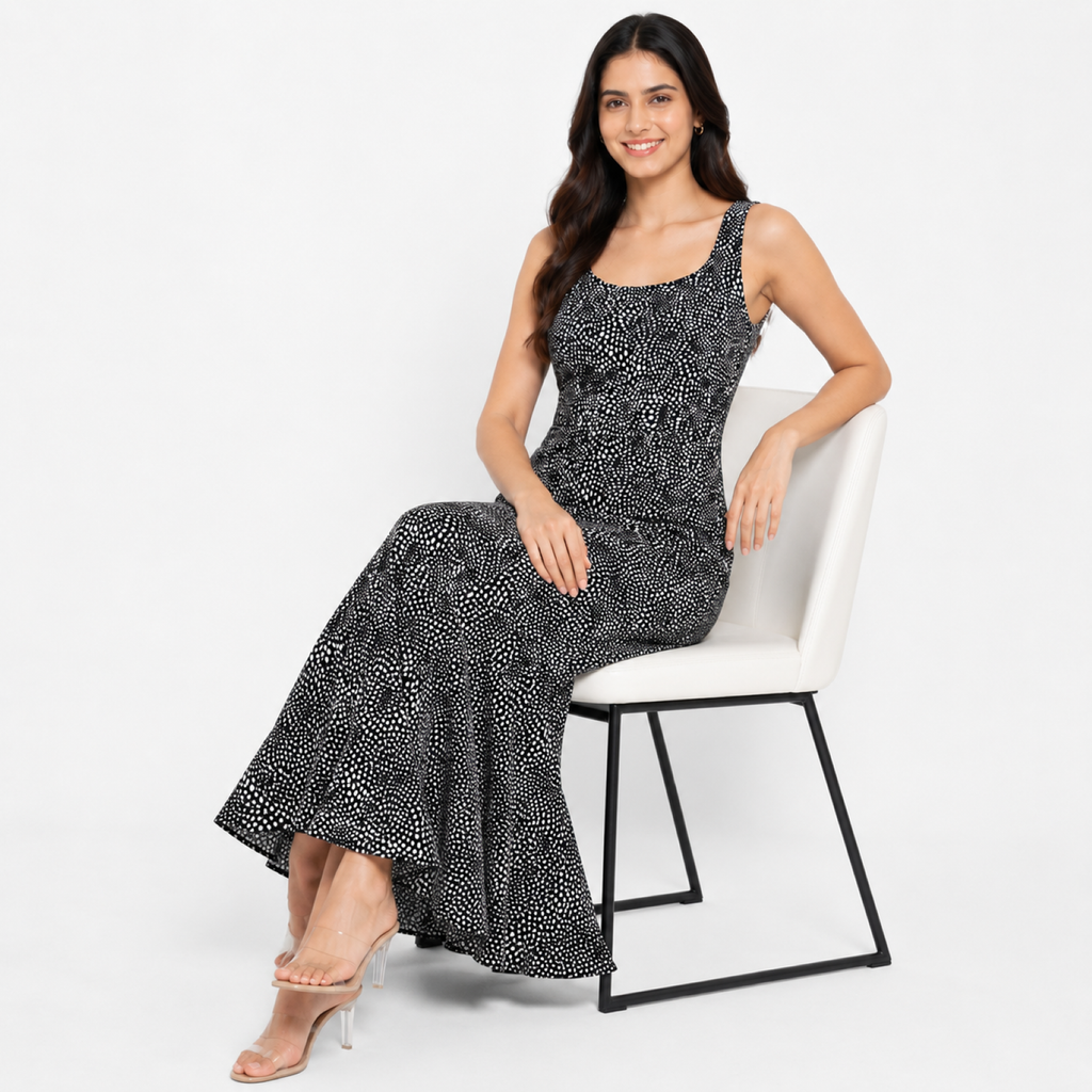 Women's Black Animal Print Sleeveless Mermaid Maxi Dress-4