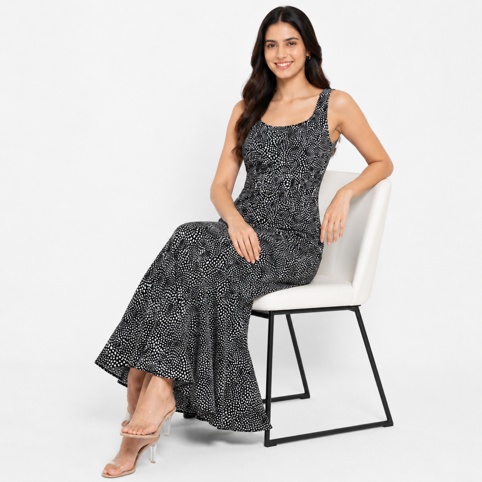 Women's Black Animal Print Sleeveless Mermaid Maxi Dress-4