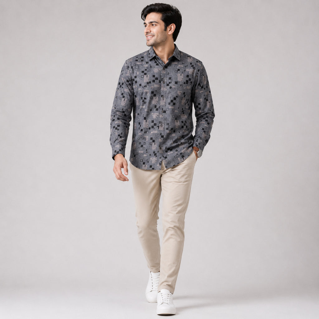 Men's Urban Pixel Grid Printed Grey Casual Shirt-2