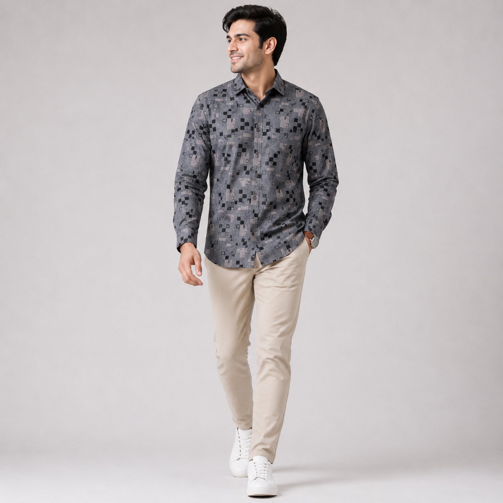 Men's Urban Pixel Grid Printed Grey Casual Shirt-2