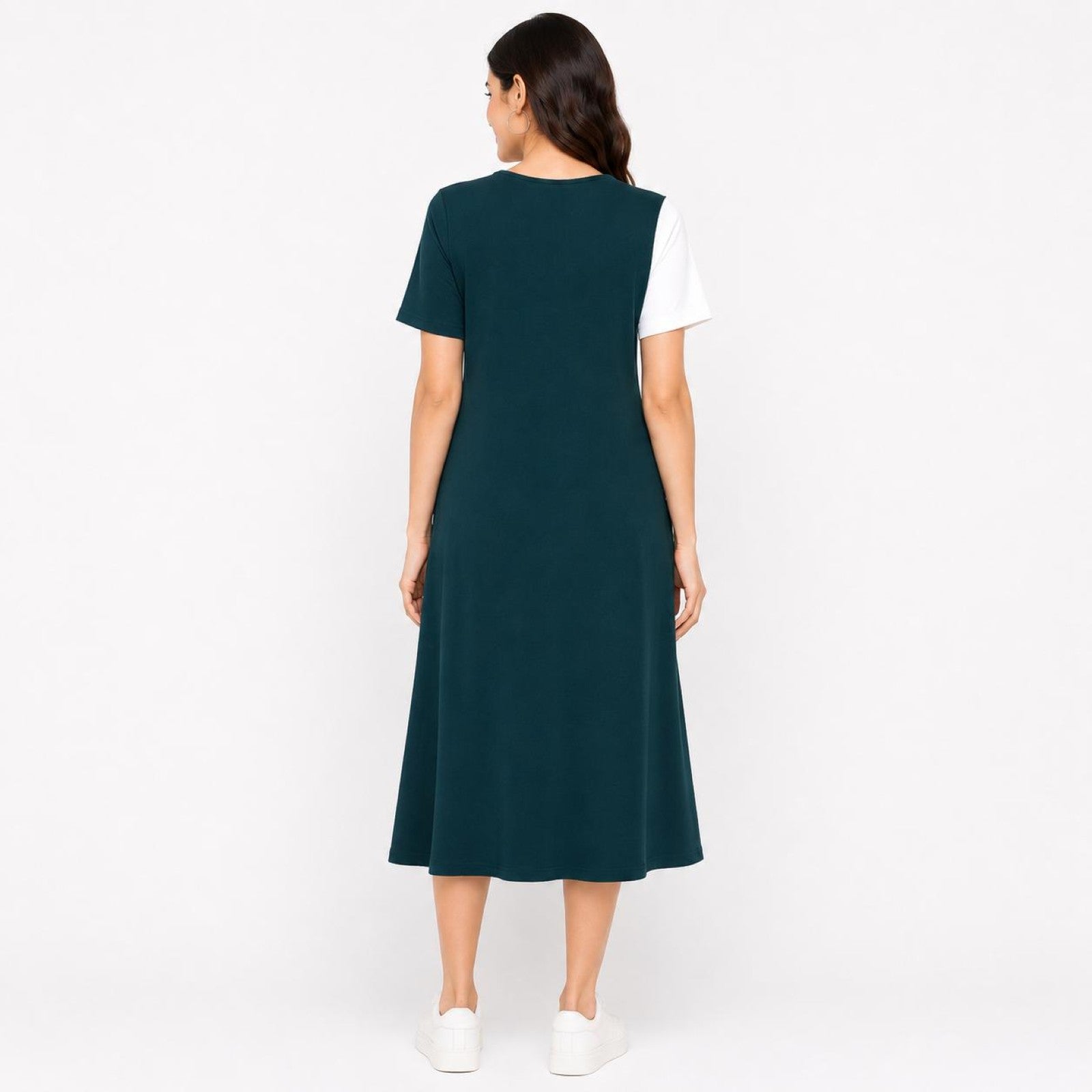 Women's Green Abstract Color Block Round Neck A-Line Midi Dress-1