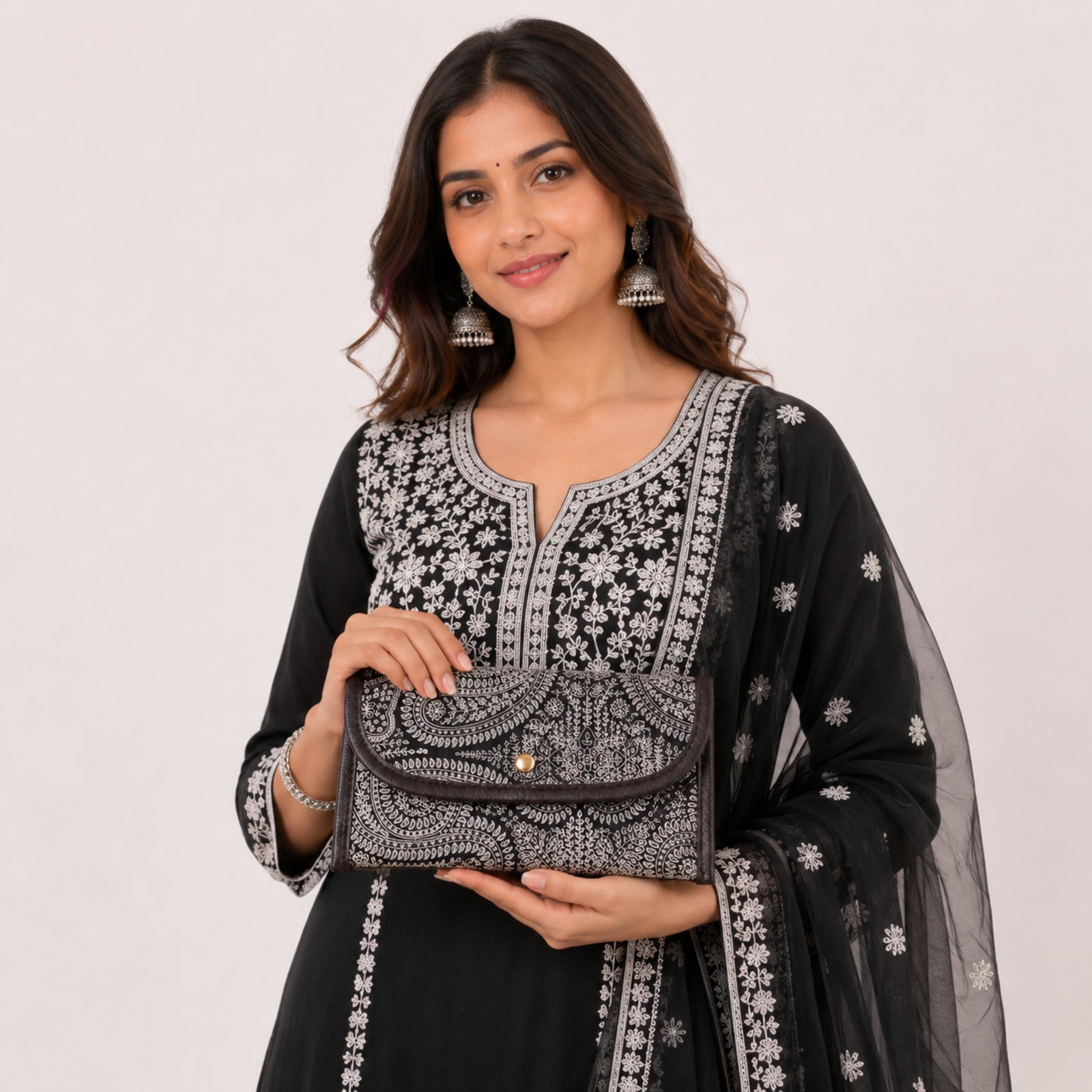 Women's Black Paisley Print Long Wallet | Elegant Ladies Clutch Wallet with Snap Button Closure-4