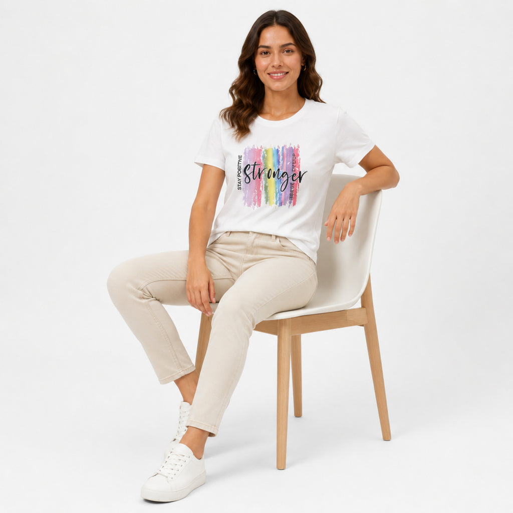 Women's White Stronger Slogan Graphic Crew Neck T-Shirt | Relaxed Half Sleeve Casual Tee-2