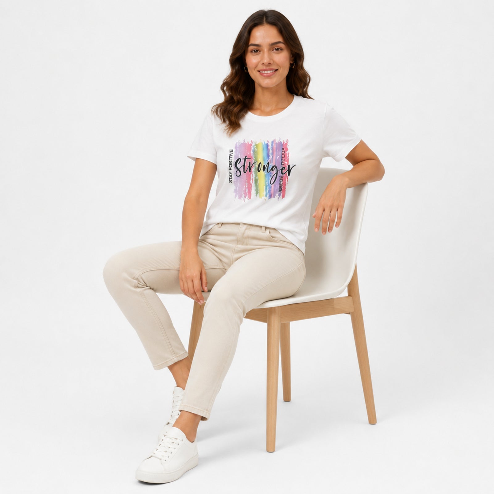 Women's White Stronger Slogan Graphic Crew Neck T-Shirt | Relaxed Half Sleeve Casual Tee-2