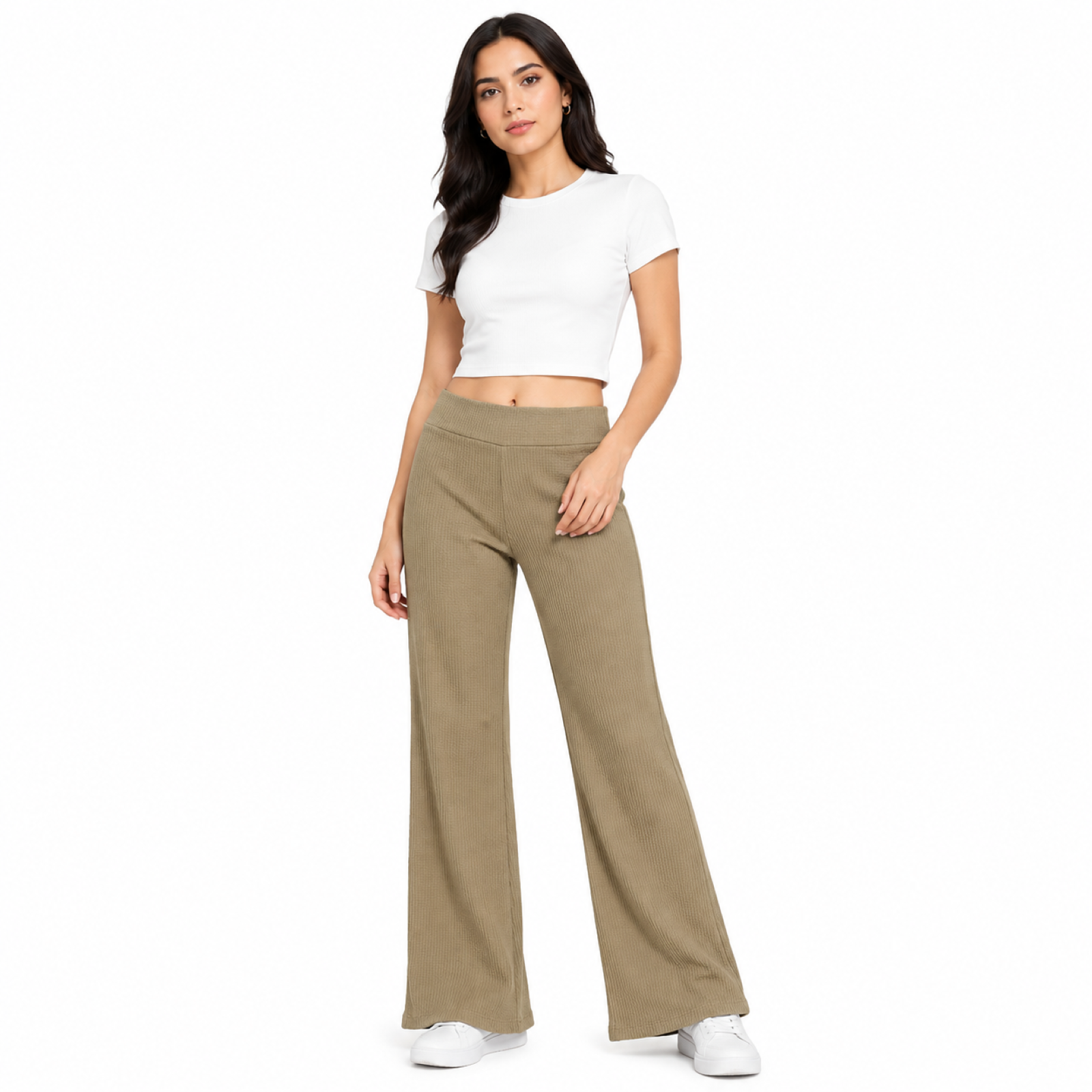Women's Light Brown Ribbed High-Waist Wide Leg Lounge Pants-1