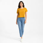 Women's Mustard Round Neck Short Sleeve Relaxed Crop T-Shirt | Solid Casual Everyday Top-1