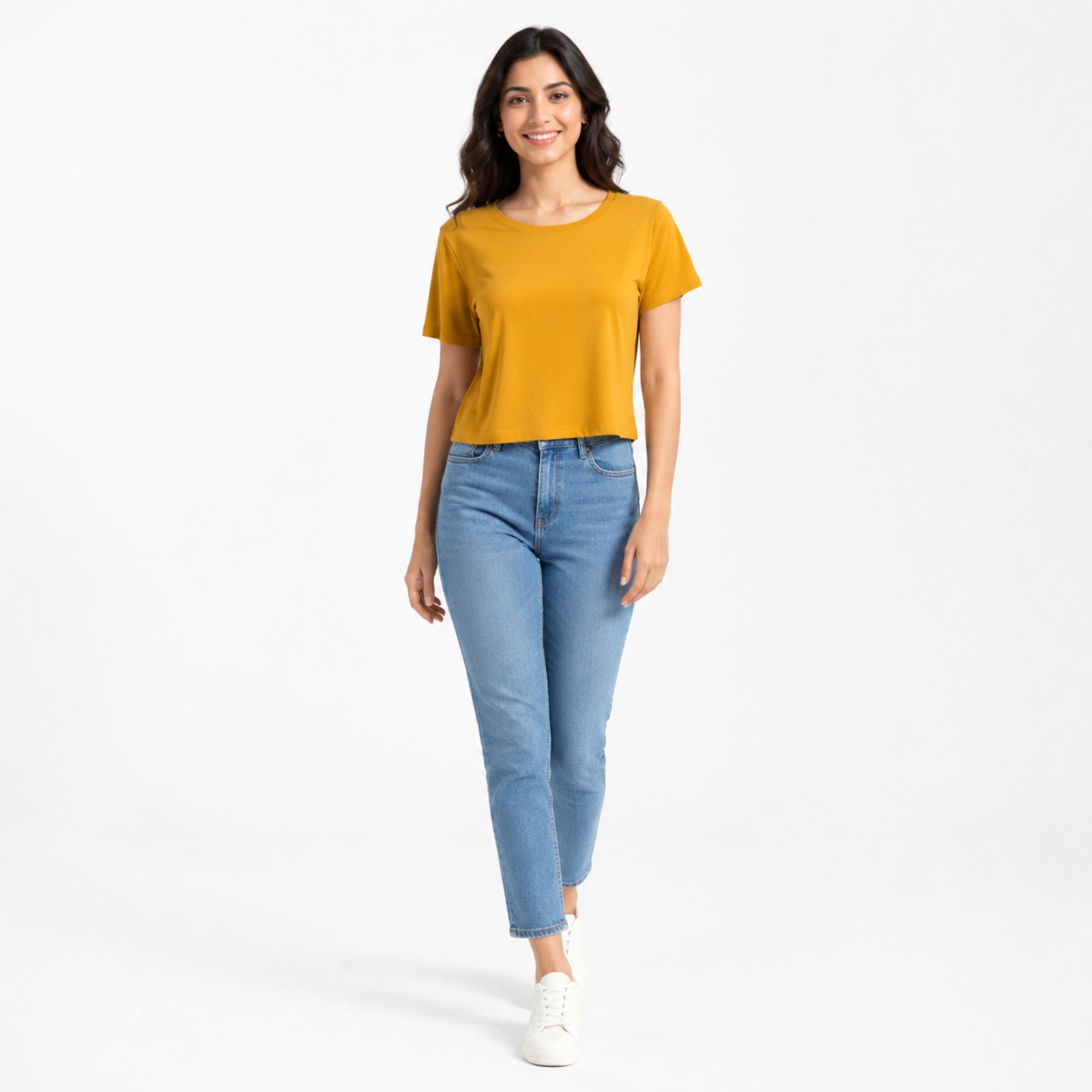 Women's Mustard Round Neck Short Sleeve Relaxed Crop T-Shirt | Solid Casual Everyday Top-1