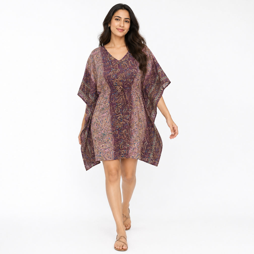 Women's Pink Paisley Border Print Short Kaftan Dress-1