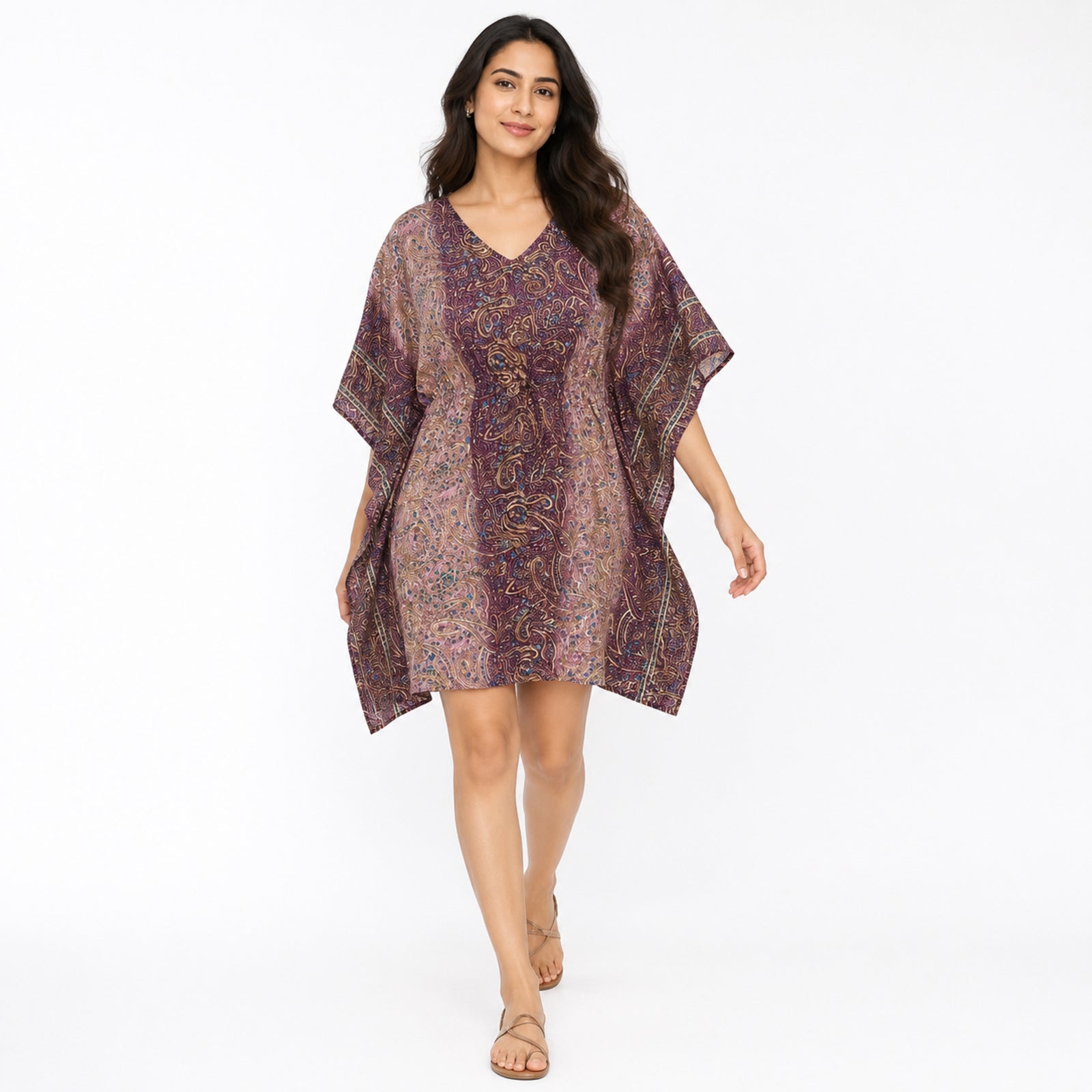 Women's Pink Paisley Border Print Short Kaftan Dress-1