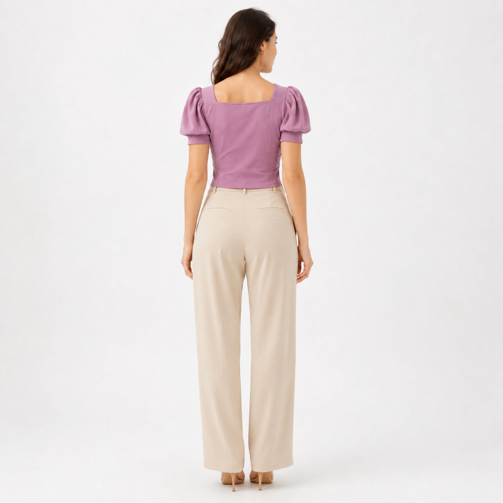 Women's Pink Square Neck Puff Sleeve Ruched Crop Top | Feminine Fitted Casual Blouse-4