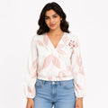 Women's White Leaf Print V-Neck Long Sleeve Top-1