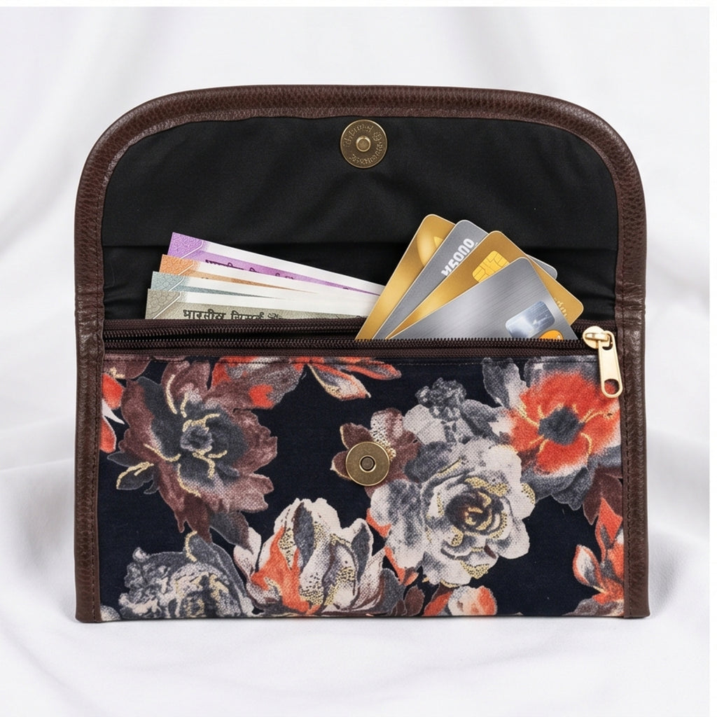 Women's Navy Blue Floral Print Long Wallet | Stylish Ladies Clutch Wallet with Snap Closure-3
