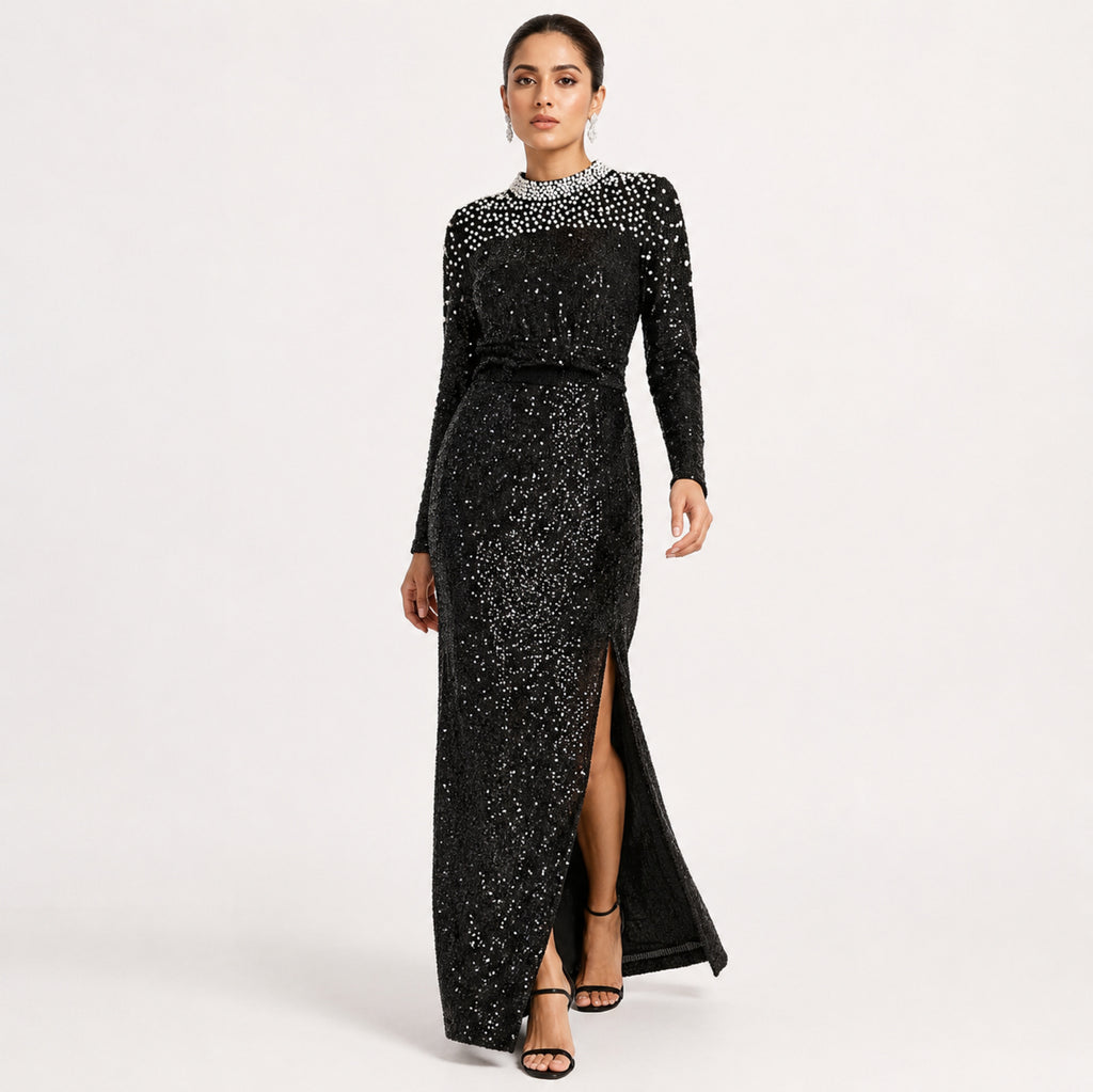 Women's Black Embellished High-Neck Sequin Maxi Dress | Elegant Evening Party Gown-1