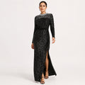 Women's Black Embellished High-Neck Sequin Maxi Dress | Elegant Evening Party Gown-1