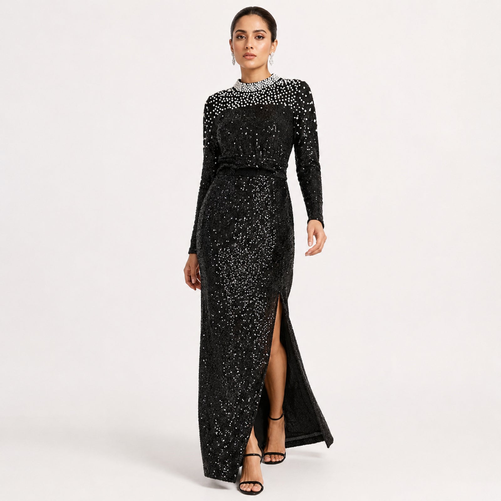 Women's Black Embellished High-Neck Sequin Maxi Dress | Elegant Evening Party Gown-1