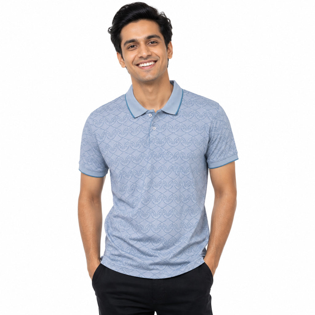 Men's Sky Blue Textured Polo T-Shirt-4