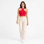 Women's Red Criss-Cross Halter Neck Fitted Crop Top | Solid Party Wear Top-1
